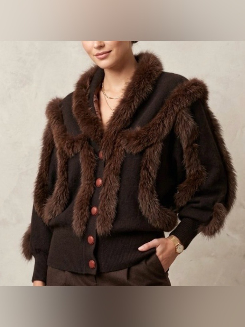 Vintage Angora Rabbit Cardigan Fur Trim Chocolate Brown Size M- S&B Fashion